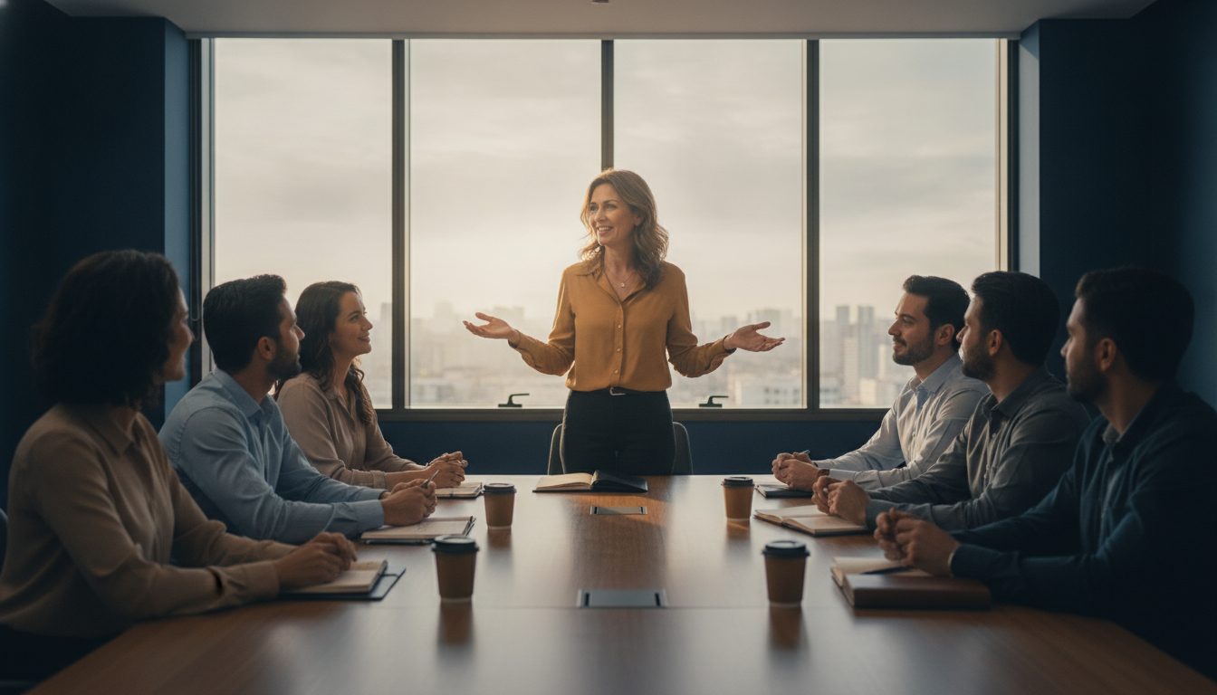 Instrutora conduzindo um treinamento de vendas para um grupo reunido à mesa