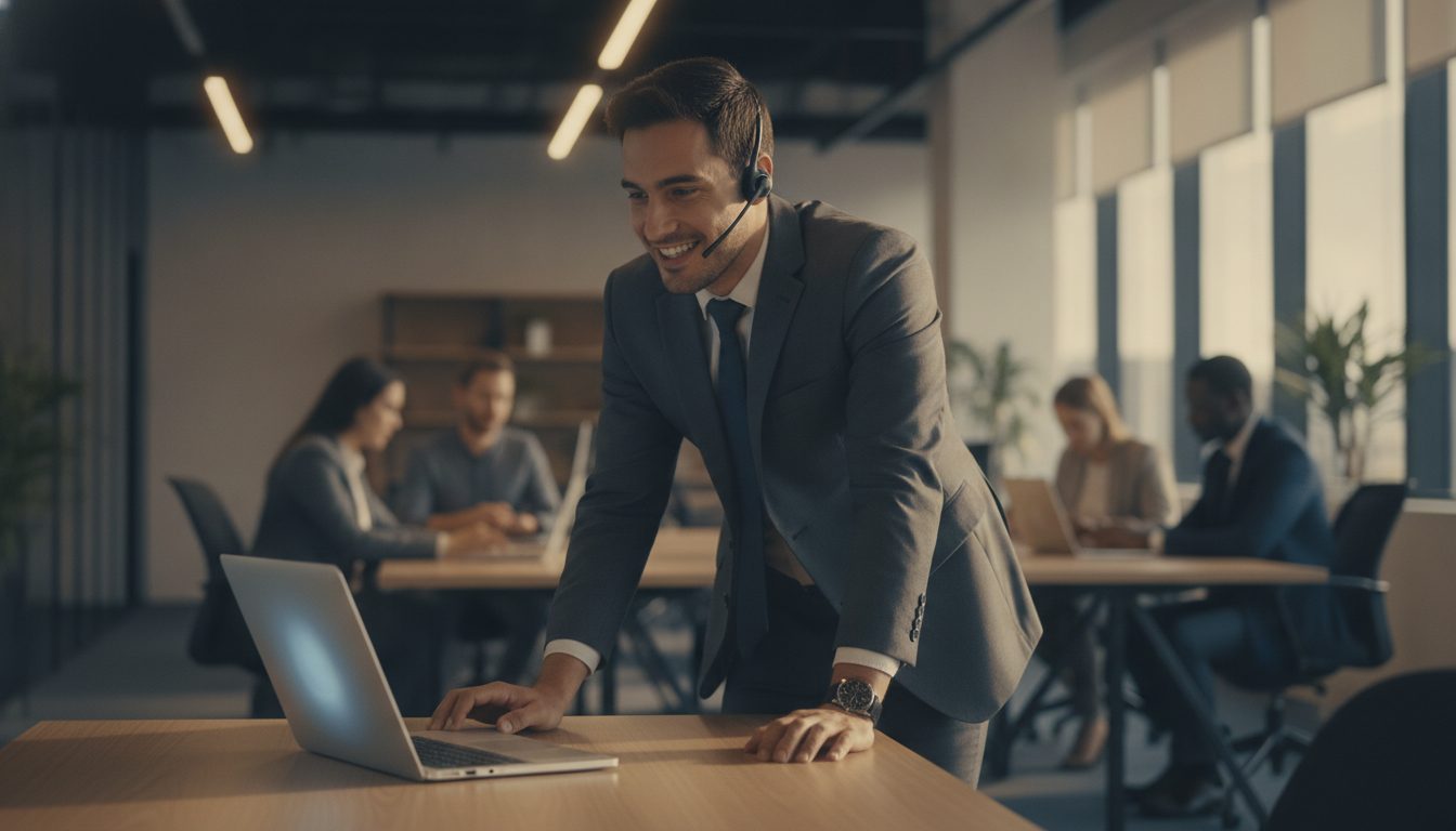 Vendedor de headset negociando com um cliente por chamada, no escritório