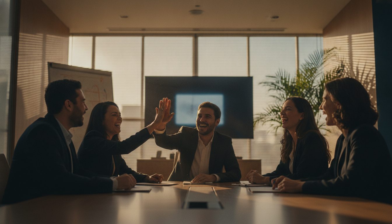 Equipe comercial comemorando junto, em volta da mesa de reunião