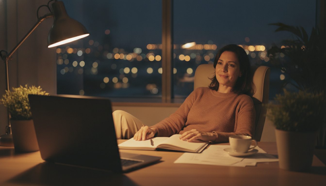 Profissional estudando em casa à noite, caderno aberto ao lado do computador